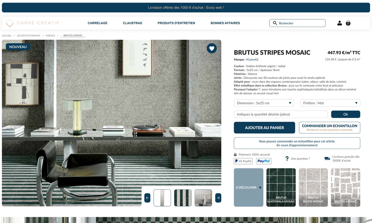 Fiche produit du site e-commerce Carré Créatif, carrelage et décoration