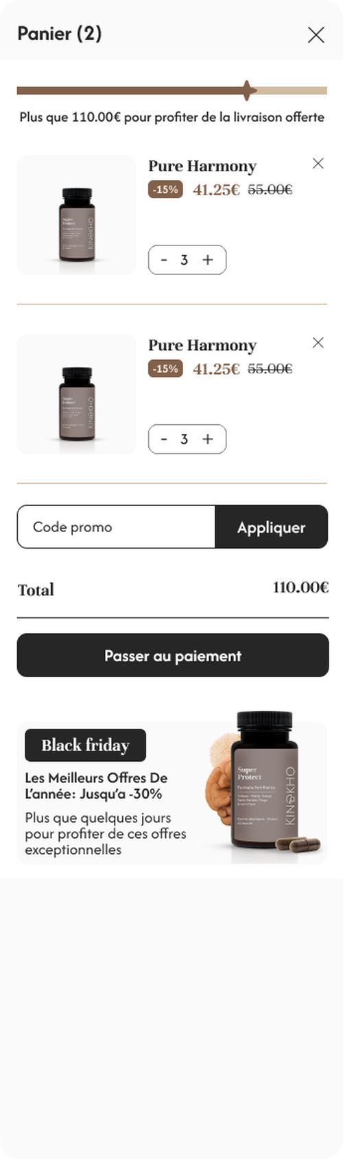 Page panier du site e-commerce Kinokho, compléments bien-être