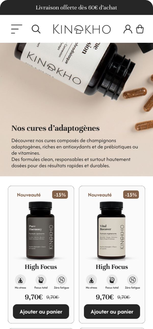 Page catégorie du site e-commerce Kinokho, compléments bien-être, version mobile