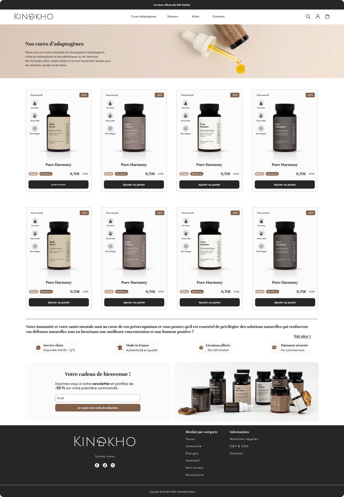 Page catégorie du site e-commerce Kinokho, compléments bien-être