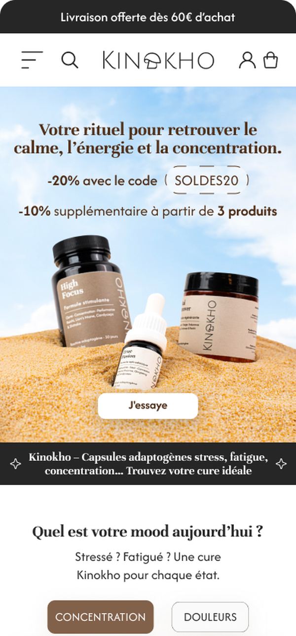 Page d'accueil du site e-commerce Kinokho, compléments bien-être, version mobile