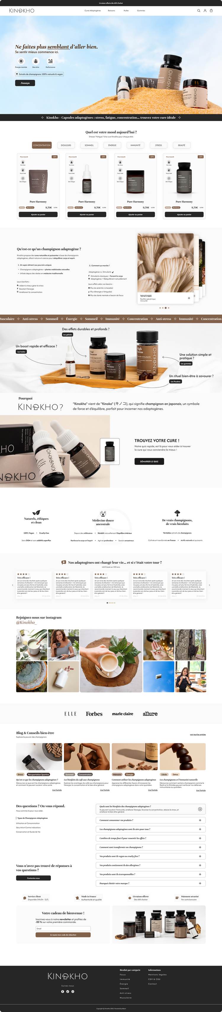 Page d'accueil du site e-commerce Kinokho, compléments bien-être