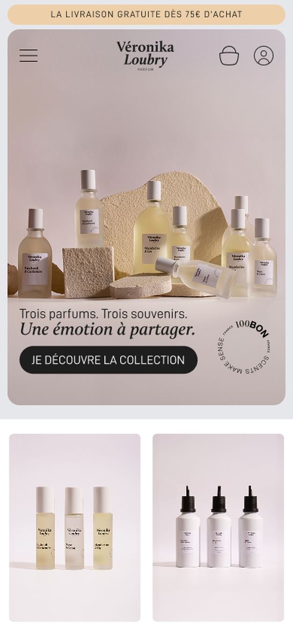 Page d'accueil du site e-commerce parfumerie naturelle, version mobile