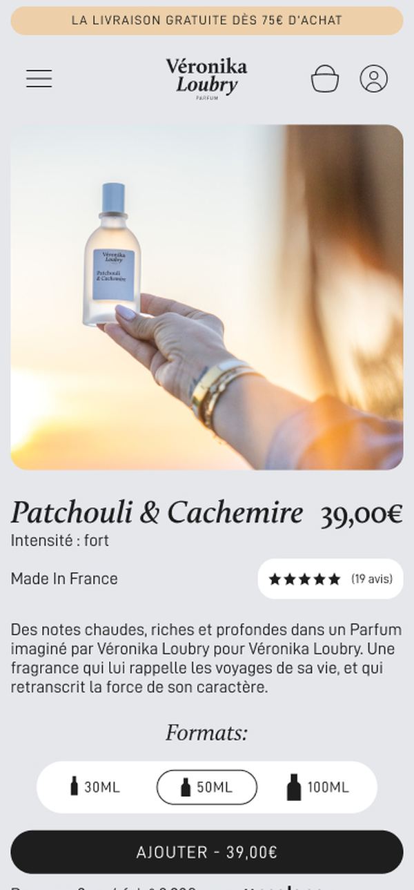 Fiche produit du site e-commerce parfumerie naturelle, version mobile