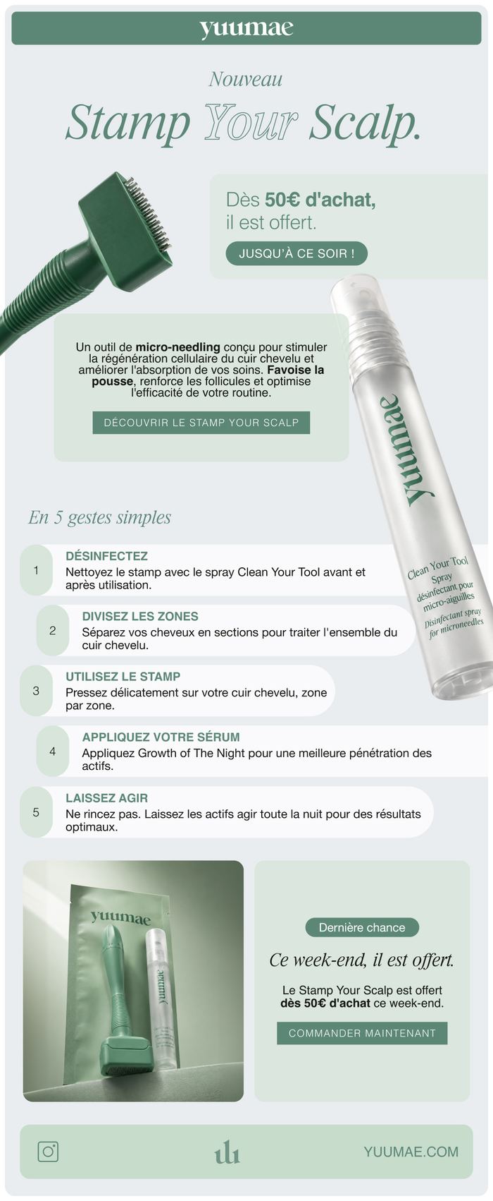 Newsletter Yuumae, soins du cuir chevelu, campagne tampon